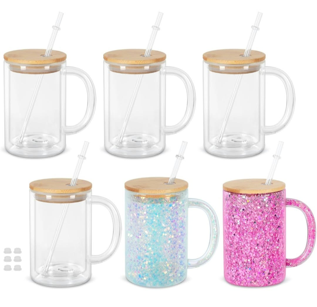 16 oz glass coffee mug snowglobe tumbler with handle